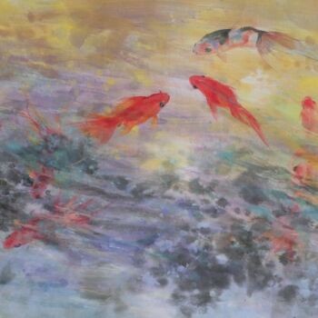 Painting titled "Goldfish" by Kezhen Shi, Original Artwork, Ink Mounted on Other rigid panel