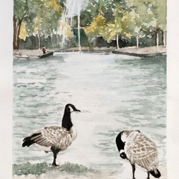 Painting titled "Les oies du Parc de…" by Kija, Original Artwork, Watercolor