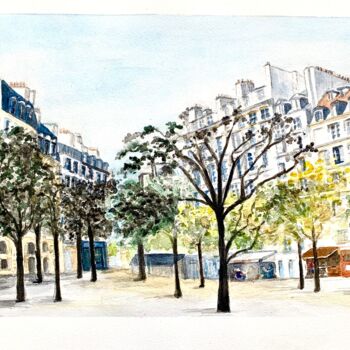 Peinture intitulée "Place Dauphine à Pa…" par Kija, Œuvre d'art originale, Aquarelle