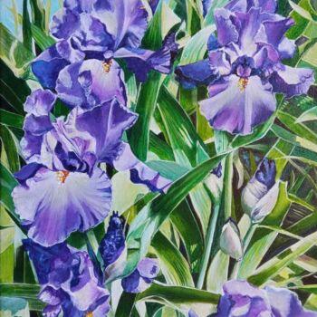 Schilderij getiteld "Irises in the garden" door Kirill Shevchenko, Origineel Kunstwerk, Acryl Gemonteerd op Frame voor houte…