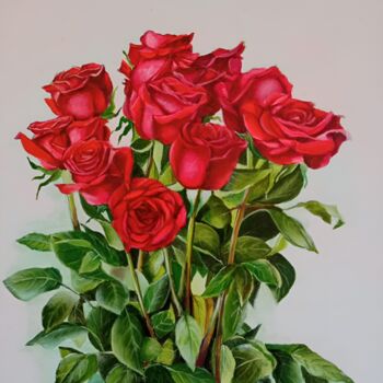 Schilderij getiteld "Red roses" door Kirill Shevchenko, Origineel Kunstwerk, Acryl Gemonteerd op Frame voor houten brancard