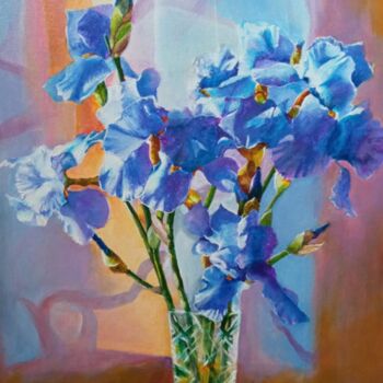 Malarstwo zatytułowany „Irises in a crystal…” autorstwa Kirill Shevchenko, Oryginalna praca, Akryl Zamontowany na Drewniana…