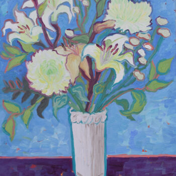 Schilderij getiteld "White flowers in a…" door Kirsty Wain, Origineel Kunstwerk, Olie Gemonteerd op Frame voor houten branca…
