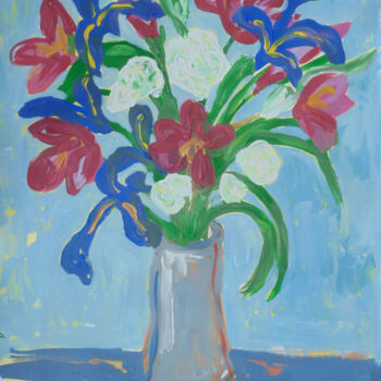 Painting titled "Bouquet with Irises" by Kirsty Wain, Original Artwork, Acrylic