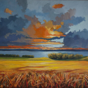 Painting titled "Sommerlandschaft" by Klaus Krege, Original Artwork, Oil Mounted on Wood Stretcher frame