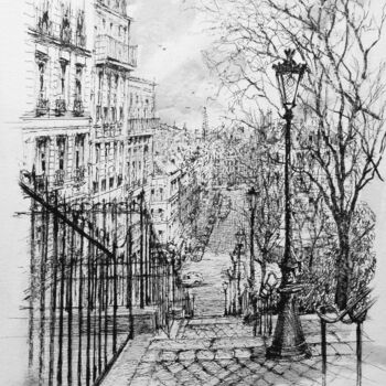 Drawing titled "Paris Montmartre 1" by Koen De Weerdt, Original Artwork, Ink Mounted on Other rigid panel