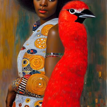 Malerei mit dem Titel "Girl with red emu." von Kolective Art, Original-Kunstwerk, Öl