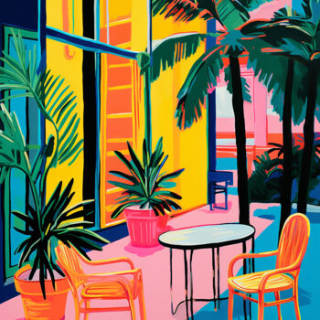 绘画 标题为“Cafe in Miami” 由Kosta Morr, 原创艺术品, 丙烯 安装在木质担架架上