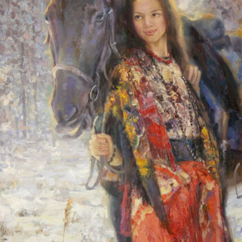 Pintura titulada "Девушка в красном п…" por Kostiantyn Hudaiev, Obra de arte original, Oleo