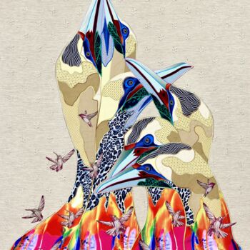 Textilkunst mit dem Titel "A flock of seagulls" von Kostyantin Malginov, Original-Kunstwerk, Tapisserie Auf Holzplatte monti…