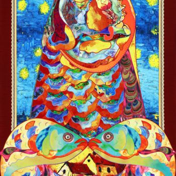 Textielkunst getiteld "TYRANT" door Kostyantin Malginov, Origineel Kunstwerk, Tapijtwerk Gemonteerd op Houten paneel