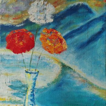 Painting titled "Fleurs dans les mon…" by Kozar, Original Artwork, Oil Mounted on Wood Stretcher frame