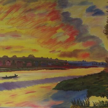 제목이 "Закат на реке"인 미술작품 Kozar로, 원작, 기름 나무 들것 프레임에 장착됨