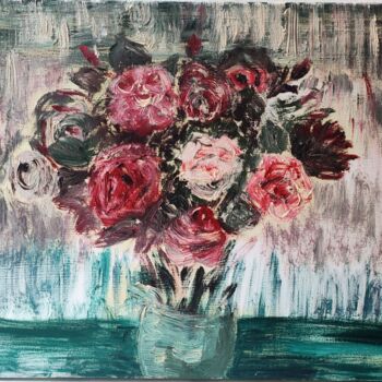 Painting titled "Roses dans un vase…" by Kozar, Original Artwork, Oil