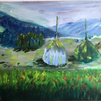 Painting titled "hay foin en montagne" by Kozar, Original Artwork, Oil Mounted on Wood Stretcher frame