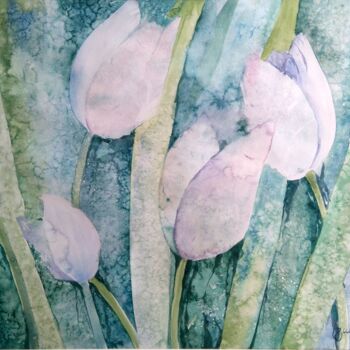 Malerei mit dem Titel "Tulipes blanches" von Kristina Guelazonia, Original-Kunstwerk, Aquarell