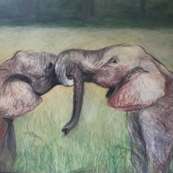 Painting titled "Elephant Love" by Krirad, Original Artwork, Pastel