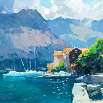 Painting titled "Fresh day. Kotor Bay" by Aleksander Kryushyn, Original Artwork, Oil Mounted on Wood Stretcher frame