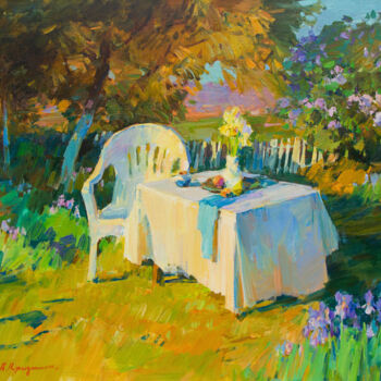 Painting titled "Spring garden sunset" by Aleksander Kryushyn, Original Artwork, Oil Mounted on Wood Stretcher frame