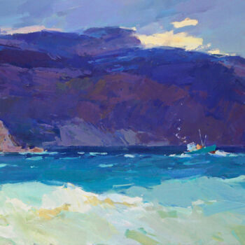 Painting titled "Balaklava Bay" by Aleksander Kryushyn, Original Artwork, Oil Mounted on Wood Stretcher frame