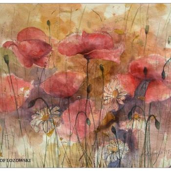 Malerei mit dem Titel "Meadow, Poppies" von Krzysztof Lozowski, Original-Kunstwerk, Aquarell