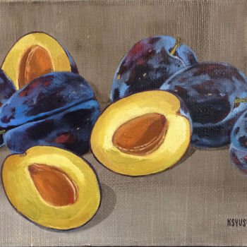 Painting titled "Plum" by Kseniia Berestova, Original Artwork, Oil Mounted on Wood Stretcher frame