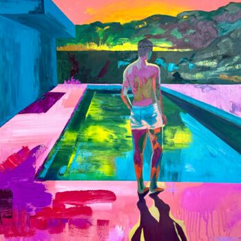 Ζωγραφική με τίτλο "Pool at 9PM" από Kseniya Rai, Αυθεντικά έργα τέχνης, Ακρυλικό Τοποθετήθηκε στο Ξύλινο φορείο σκελετό