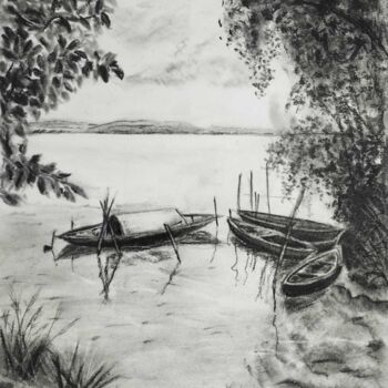 Disegno intitolato "Boats In Holy Ganga" da Kunal Nandi, Opera d'arte originale, Carbone