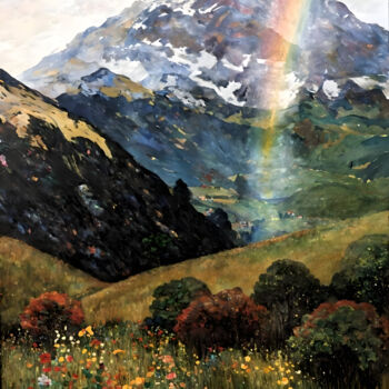 Digitale Kunst getiteld "Rainbow in the moun…" door Kyozai, Origineel Kunstwerk, AI gegenereerde afbeelding