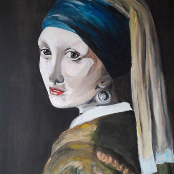 Pintura intitulada "Vrouw met de parel" por Liesbeth Dingboom, Obras de arte originais, Acrílico