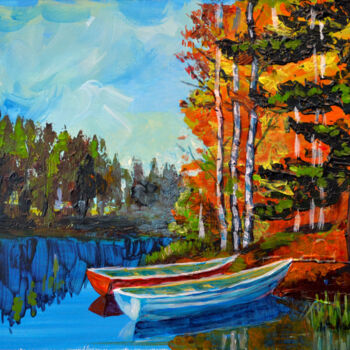 Schilderij getiteld "Boats on a lake. Au…" door Lada Kholosho, Origineel Kunstwerk, Acryl