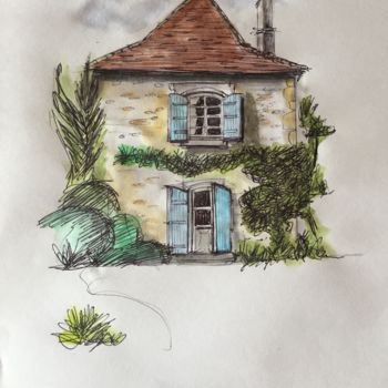 Drawing titled "Pigeonnier aux vole…" by Pascale Ladoux, Original Artwork, Watercolor