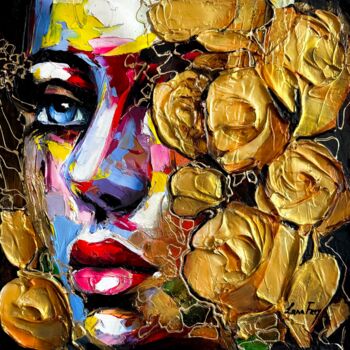 Painting titled "Gold roses" by Lana Frey, Original Artwork, Acrylic