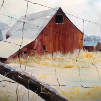 Painting titled "Barn Through the Fe…" by Lanny Roff, Original Artwork, Acrylic