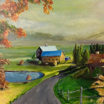 Painting titled "Farm on an Autumn M…" by Lanny Roff, Original Artwork, Acrylic