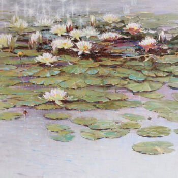 Картина под названием "Water lilies on a s…" - Lara Vald, Подлинное произведение искусства, Масло Установлен на Деревянная р…