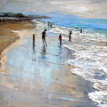 Painting titled "Beach at sunset." by Lara Vald, Original Artwork, Oil Mounted on Wood Stretcher frame