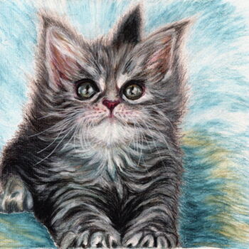 Painting titled "Fluffy kitten" by Larisa Berzina, Original Artwork, Conté