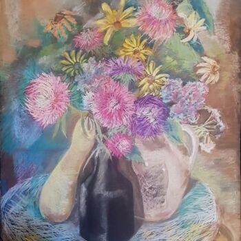 Schilderij getiteld "Астры с кабачком" door Larisa Ivanova, Origineel Kunstwerk, Pastel