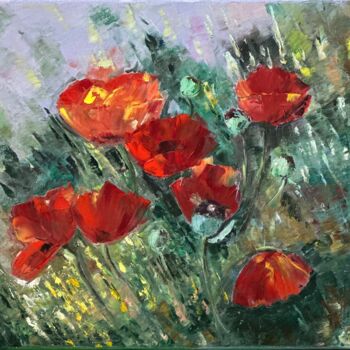 Painting titled "Red poppies" by Larisa Robins, Original Artwork, Oil Mounted on Wood Stretcher frame