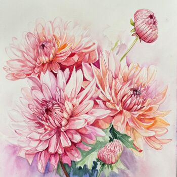 Malarstwo zatytułowany „Chrysanthemums” autorstwa Larisa Robins, Oryginalna praca, Akwarela
