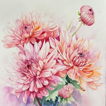 Malerei mit dem Titel "Chrysanthemums" von Larisa Robins, Original-Kunstwerk, Aquarell