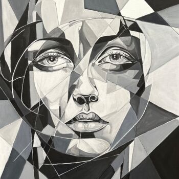 「Facial Geometry 5」というタイトルの絵画 Larisa Robinsによって, オリジナルのアートワーク, アクリル ウッドストレッチャーフレームにマウント