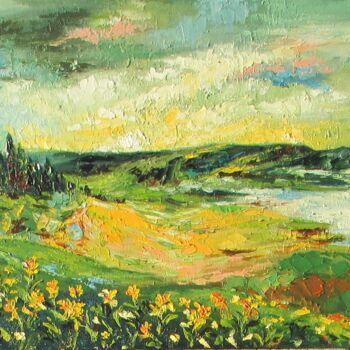 Painting titled "Сельский ландшафт" by Larisa Tkach, Original Artwork, Oil