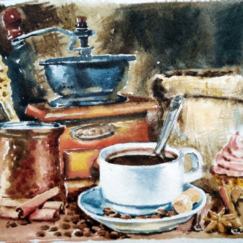 "Still life with cof…" başlıklı Tablo Olga Larina tarafından, Orijinal sanat, Suluboya