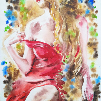 Pintura intitulada "Lady in red" por Olga Larina, Obras de arte originais, Aquarela