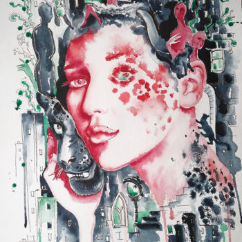 Schilderij getiteld "Urban jungle" door Olga Larina, Origineel Kunstwerk, Aquarel