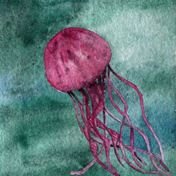 Painting titled "Pink jellyfish" by Nina Karpova, Original Artwork, Watercolor