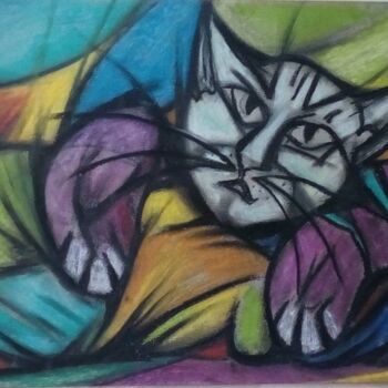 Tekening getiteld "Pas content le chat" door Laudu, Origineel Kunstwerk, Pastel