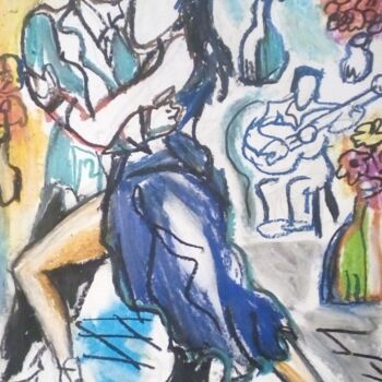 Drawing titled "Tango et guitariste" by Laudu, Original Artwork, Pastel